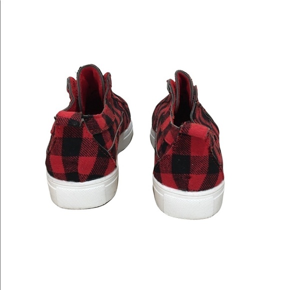 New Women’s Sneakers Red & Black Plaid Slip On Laceless Textile Upper Cushioned - Picture 6 of 10